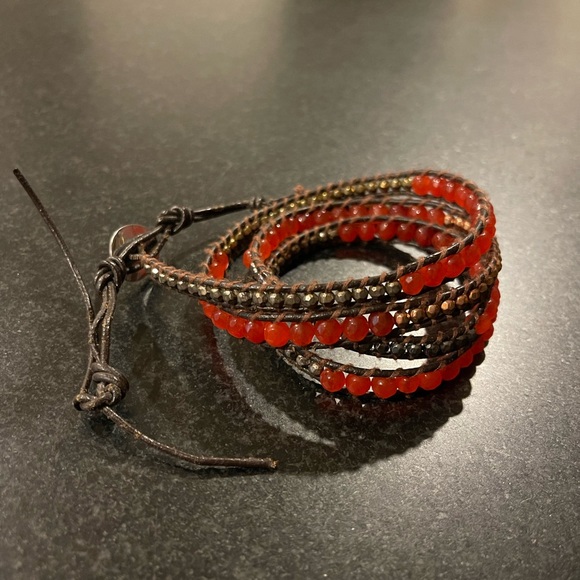 Red and Jet Bronze Sectioned Wrap Bracelet on Natural Grey Leather by Linda Chan - Picture 6 of 6